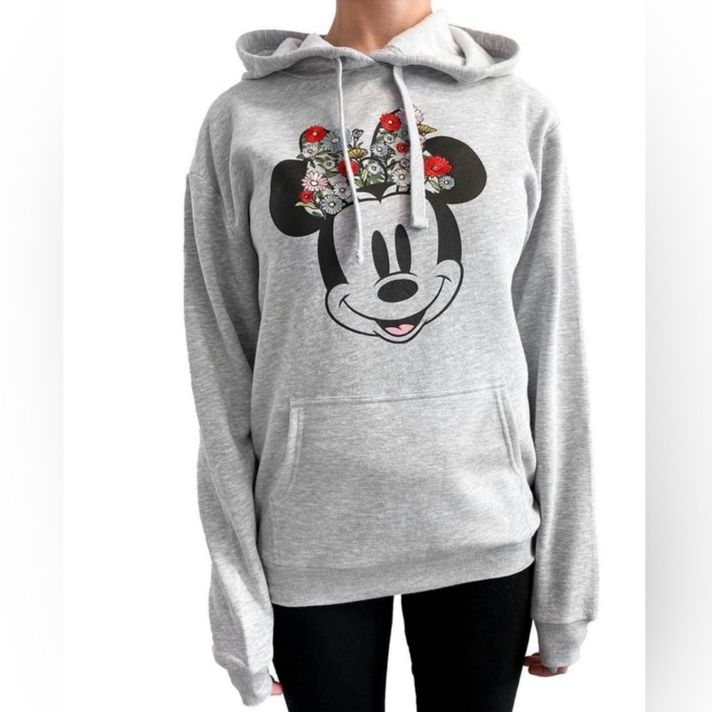 DISNEY Mickey Mouse Hoodie Light Grey Floral Embroidered, Women’s Sz M